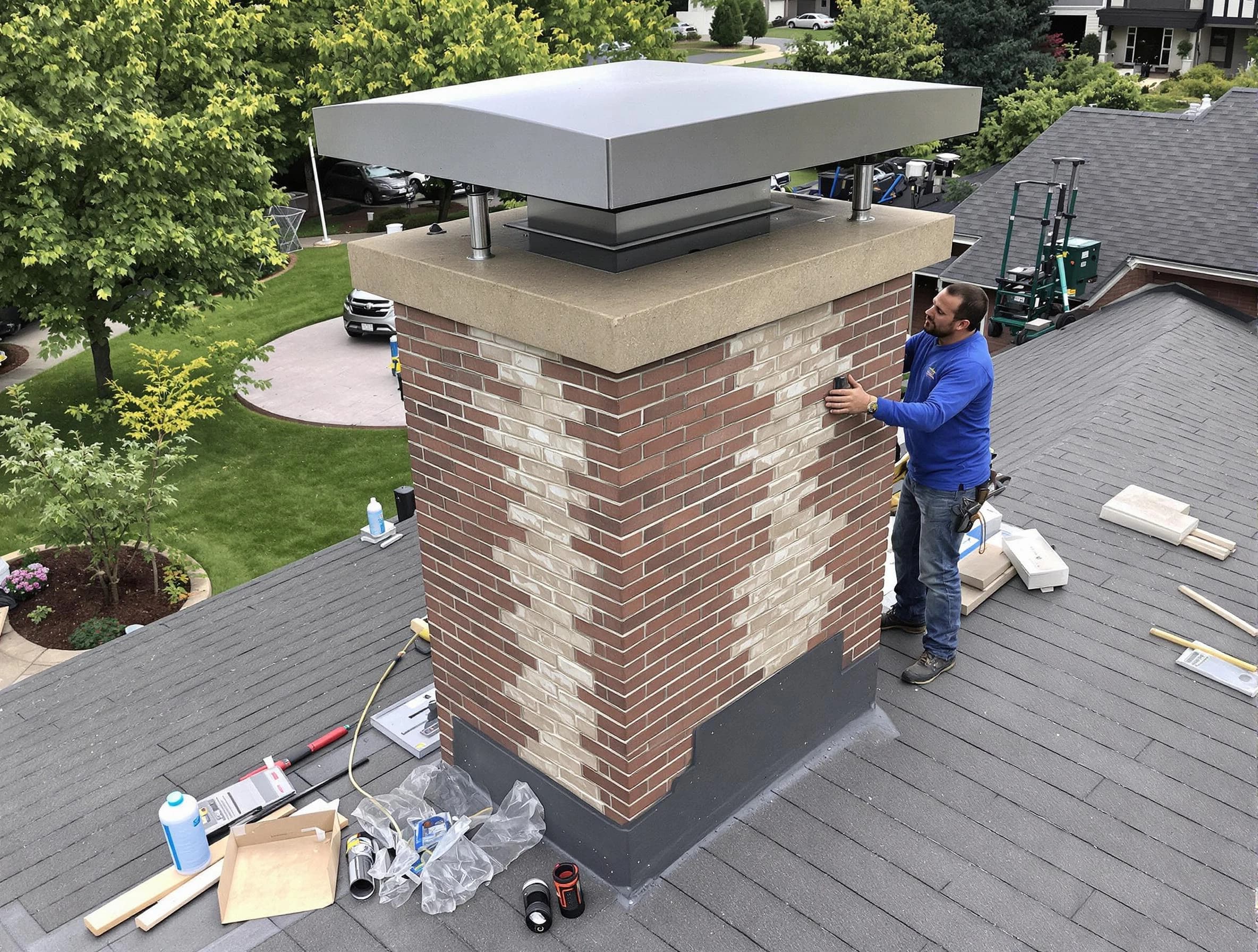 Salem Chimney Sweep team working on a custom chimney remodel in Salem, UT